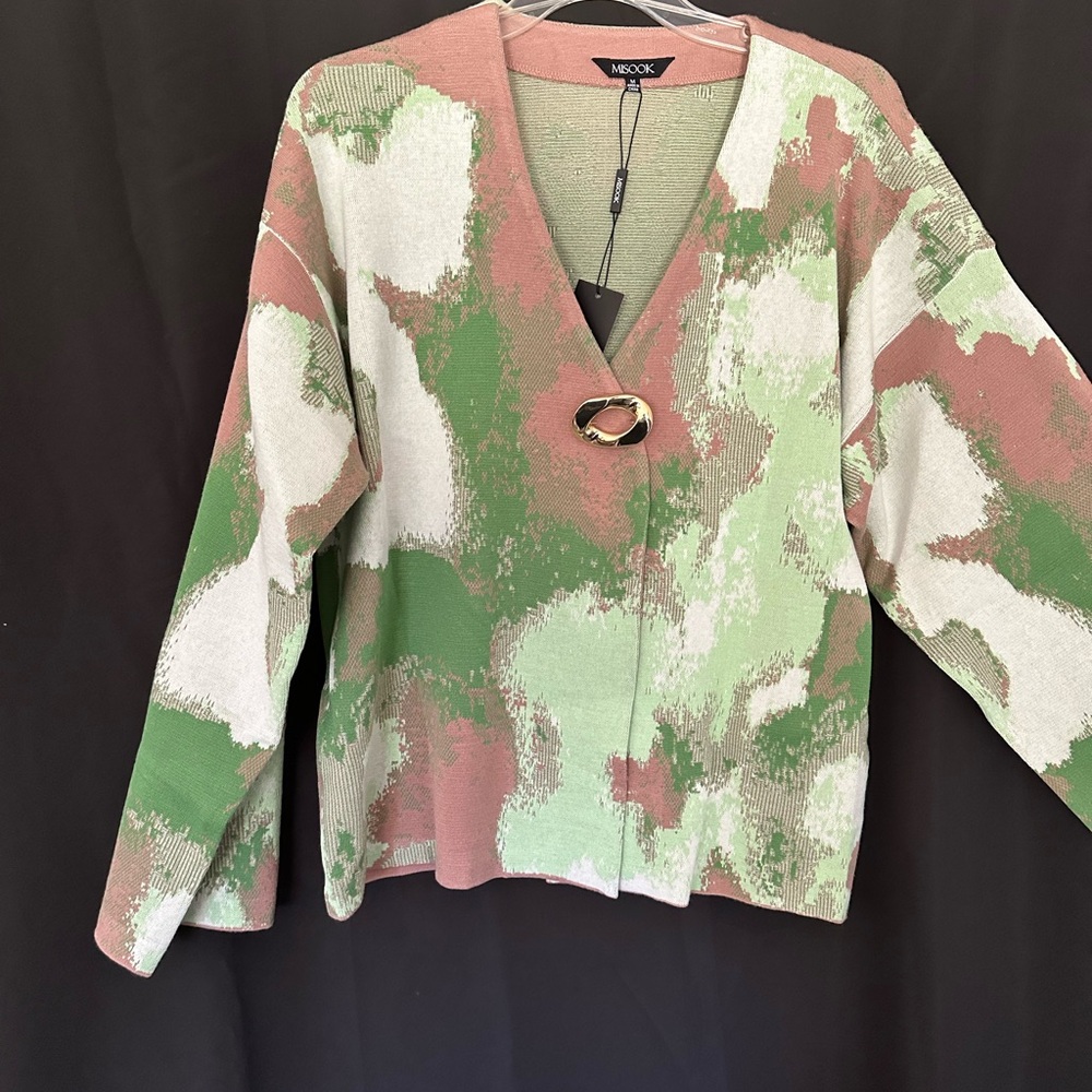 Misook removable Pin Crossover Green and Pink Cardigan Medium
